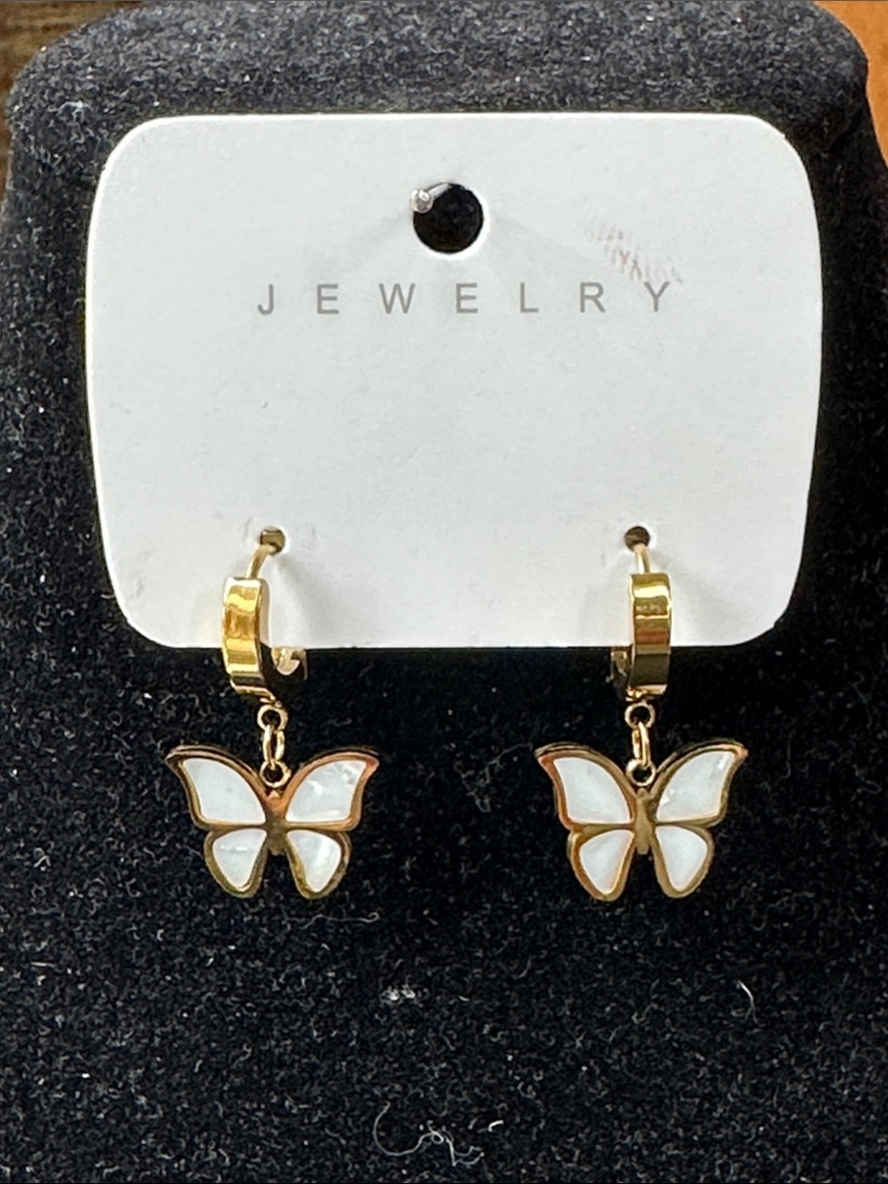 Gold Tone Butterfly Drop Earrings with White Inlay